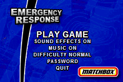 Matchbox Missions Air Land & Sea Rescue & Emergency Response title screen for GameBoy Advance